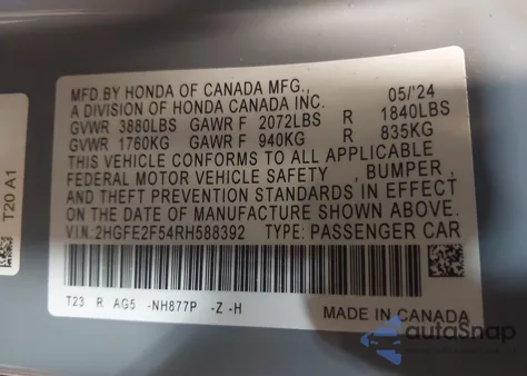 2024 Honda Civic Sport z USA, uszkodzony, nr VIN 2HGFE2F54RH588392